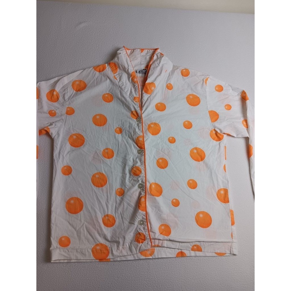Gameplanz White Orange Polka Dot Button Up Shirt Mandarin Collar Size L Cotton